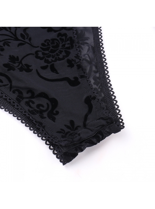 Retro Elegant Slim Black Dark Pattern Flocking Gothic Style Flared Long Sleeves Top