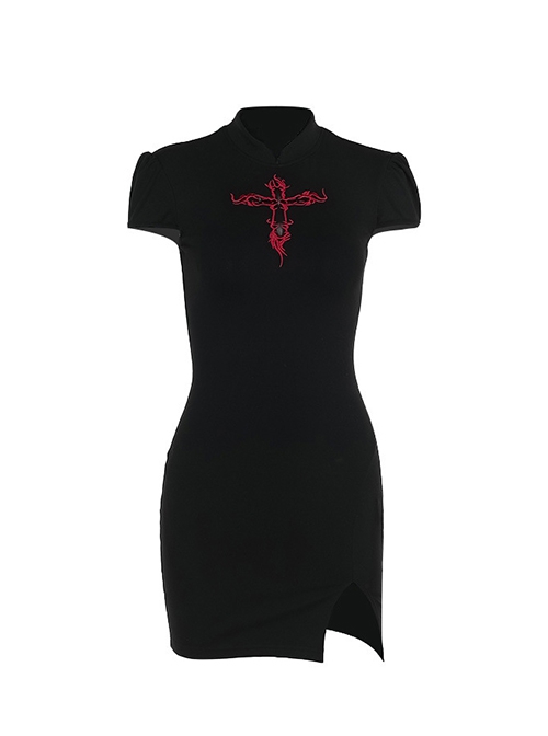 Elegant Slim Sexy Embroidered Cross Hollow Gothic Style New Chinese Style Short Sleeves Dress
