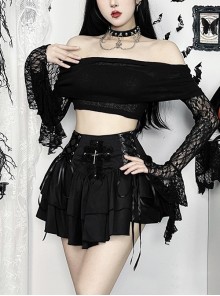 Dark Sexy Lace Splicing One Shoulder Gothic Style Versatile Long Flared Sleeve Tube Top