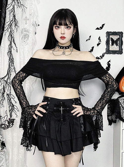 Dark Sexy Lace Splicing One Shoulder Gothic Style Versatile Long Flared Sleeve Tube Top