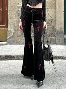 Dark Style Black Velvet Personality Cross Embroidery Design Gothic Style Slim Bell Bottom Pants