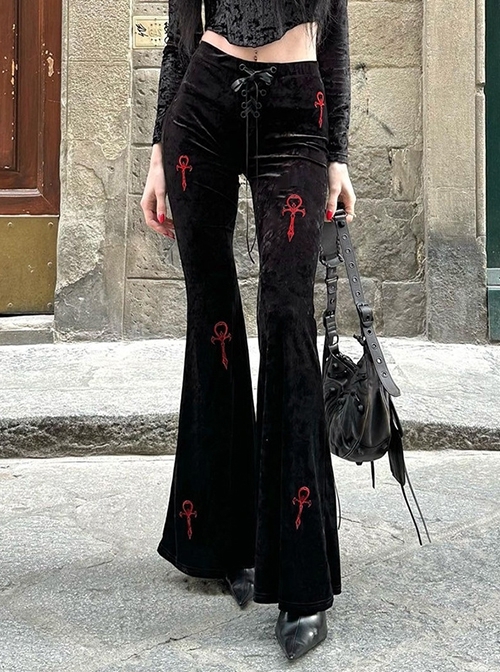 Dark Style Black Velvet Personality Cross Embroidery Design Gothic Style Slim Bell Bottom Pants