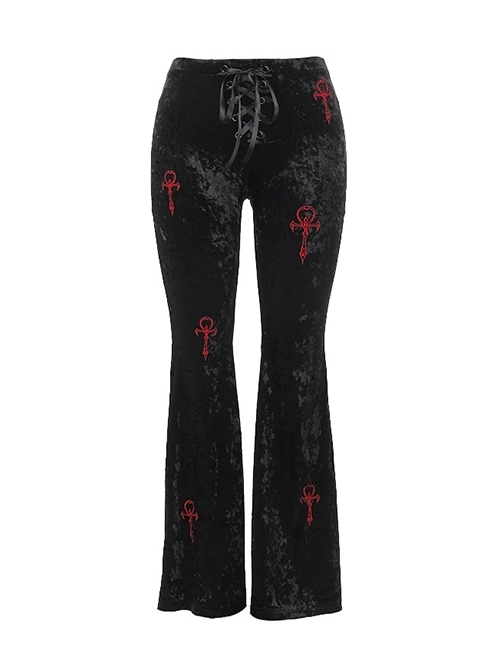 Dark Style Black Velvet Personality Cross Embroidery Design Gothic Style Slim Bell Bottom Pants