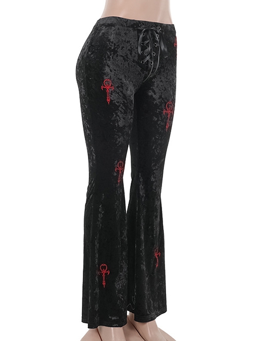 Dark Style Black Velvet Personality Cross Embroidery Design Gothic Style Slim Bell Bottom Pants