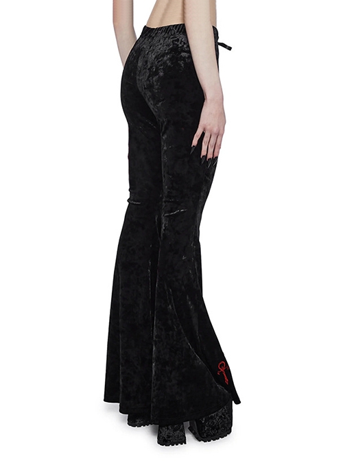 Dark Style Black Velvet Personality Cross Embroidery Design Gothic Style Slim Bell Bottom Pants