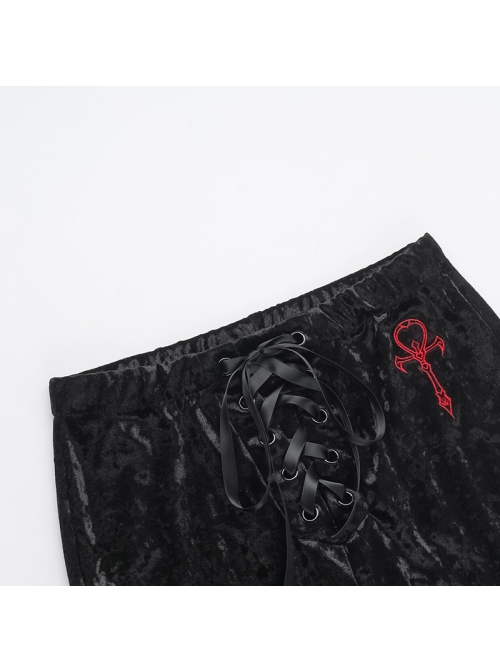 Dark Style Black Velvet Personality Cross Embroidery Design Gothic Style Slim Bell Bottom Pants