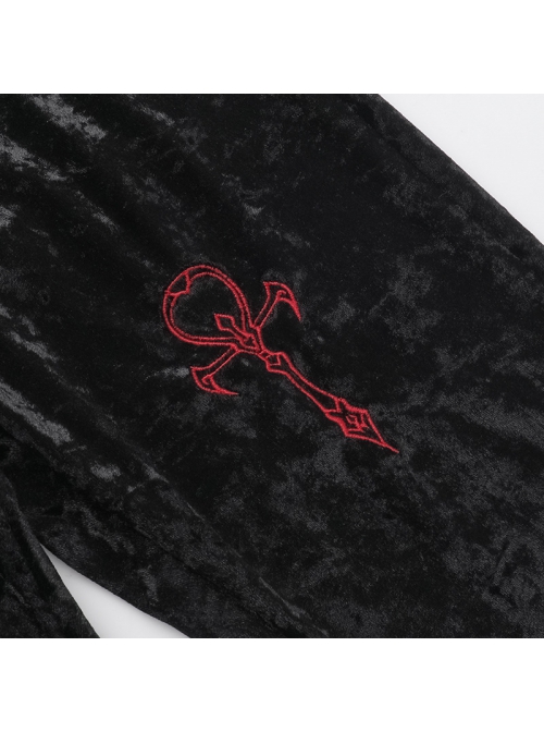 Dark Style Black Velvet Personality Cross Embroidery Design Gothic Style Slim Bell Bottom Pants