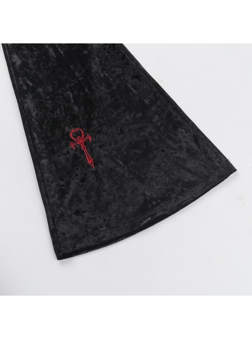 Dark Style Black Velvet Personality Cross Embroidery Design Gothic Style Slim Bell Bottom Pants