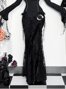 Elegant Dark Style Black Velvet Lace Splicing Romantic Three-Dimensional Rose Gothic Style Slim Skirt