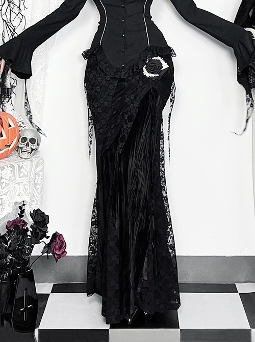 Elegant Dark Style Black Velvet Lace Splicing Romantic Three-Dimensional Rose Gothic Style Slim Skirt
