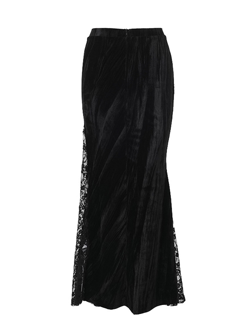 Elegant Dark Style Black Velvet Lace Splicing Romantic Three-Dimensional Rose Gothic Style Slim Skirt