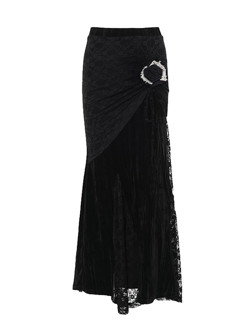 Elegant Dark Style Black Velvet Lace Splicing Romantic Three-Dimensional Rose Gothic Style Slim Skirt