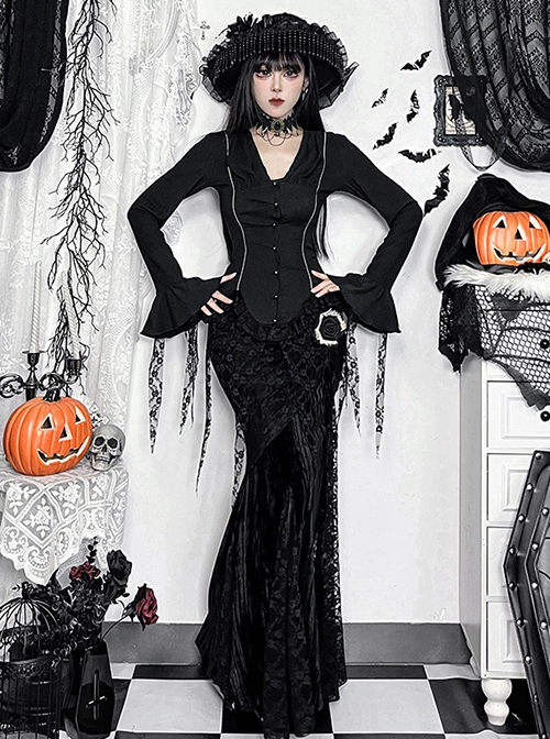 Elegant Dark Style Black Velvet Lace Splicing Romantic Three-Dimensional Rose Gothic Style Slim Skirt