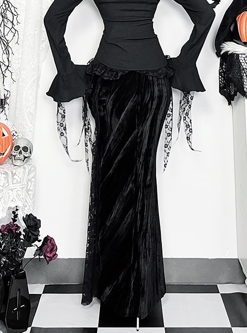 Elegant Dark Style Black Velvet Lace Splicing Romantic Three-Dimensional Rose Gothic Style Slim Skirt