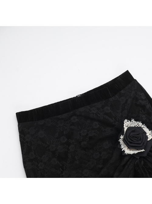 Elegant Dark Style Black Velvet Lace Splicing Romantic Three-Dimensional Rose Gothic Style Slim Skirt