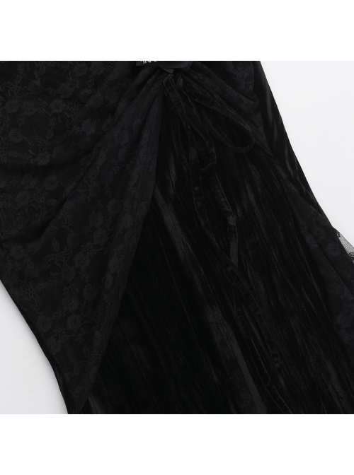 Elegant Dark Style Black Velvet Lace Splicing Romantic Three-Dimensional Rose Gothic Style Slim Skirt