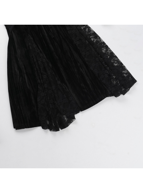 Elegant Dark Style Black Velvet Lace Splicing Romantic Three-Dimensional Rose Gothic Style Slim Skirt