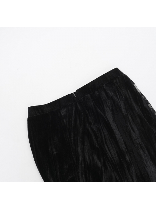 Elegant Dark Style Black Velvet Lace Splicing Romantic Three-Dimensional Rose Gothic Style Slim Skirt