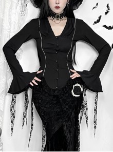 Elegant Retro Black V Neck Lace Patchwork Petal Hem Design Gothic Style Slim Fit Flared Sleeves Top