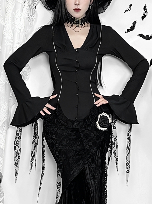 Elegant Retro Black V Neck Lace Patchwork Petal Hem Design Gothic Style Slim Fit Flared Sleeves Top