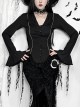 Elegant Retro Black V Neck Lace Patchwork Petal Hem Design Gothic Style Slim Fit Flared Sleeves Top