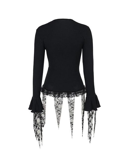 Elegant Retro Black V Neck Lace Patchwork Petal Hem Design Gothic Style Slim Fit Flared Sleeves Top