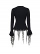 Elegant Retro Black V Neck Lace Patchwork Petal Hem Design Gothic Style Slim Fit Flared Sleeves Top