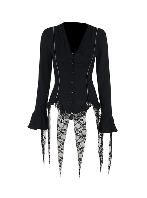 Elegant Retro Black V Neck Lace Patchwork Petal Hem Design Gothic Style Slim Fit Flared Sleeves Top