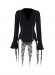 Elegant Retro Black V Neck Lace Patchwork Petal Hem Design Gothic Style Slim Fit Flared Sleeves Top