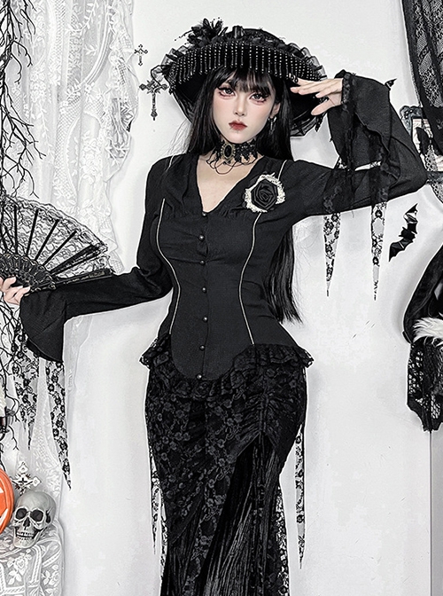Elegant Retro Black V Neck Lace Patchwork Petal Hem Design Gothic Style Slim Fit Flared Sleeves Top