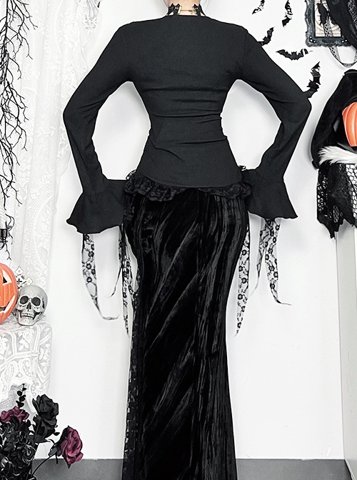 Elegant Retro Black V Neck Lace Patchwork Petal Hem Design Gothic Style Slim Fit Flared Sleeves Top