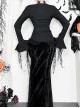 Elegant Retro Black V Neck Lace Patchwork Petal Hem Design Gothic Style Slim Fit Flared Sleeves Top