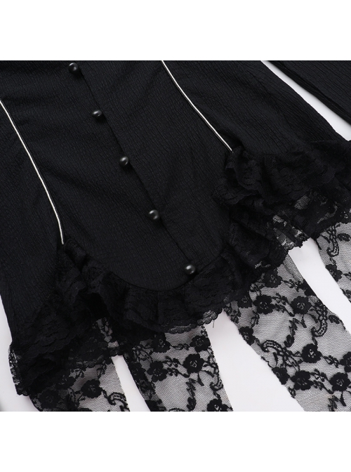 Elegant Retro Black V Neck Lace Patchwork Petal Hem Design Gothic Style Slim Fit Flared Sleeves Top