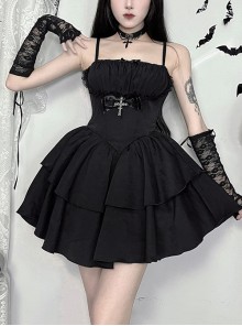 Sexy Dark Style Black Lace Splicing Bowknot Metal Cross Decoration Gothic Style Suspender Dress