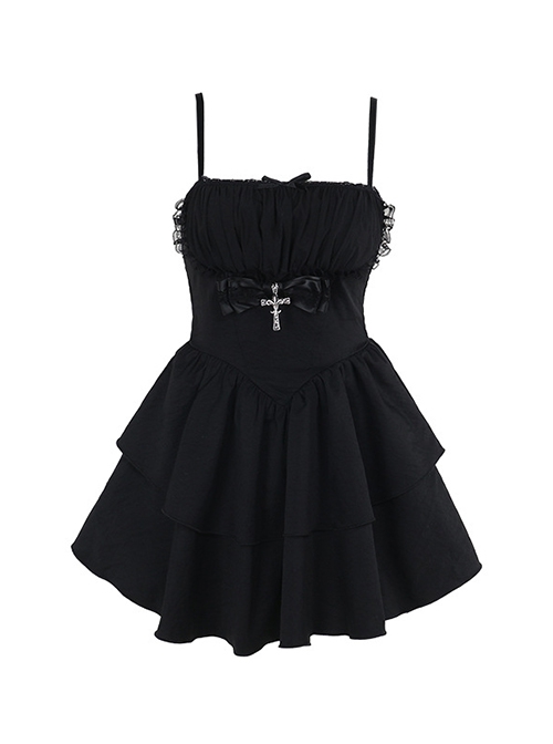 Sexy Dark Style Black Lace Splicing Bowknot Metal Cross Decoration Gothic Style Suspender Dress