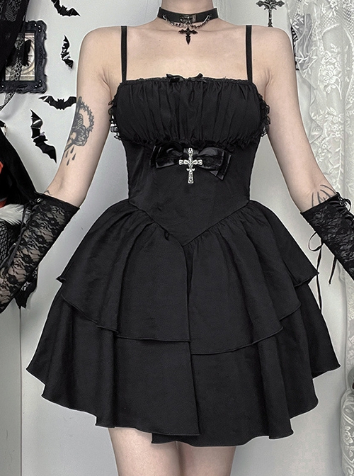 Sexy Dark Style Black Lace Splicing Bowknot Metal Cross Decoration Gothic Style Suspender Dress