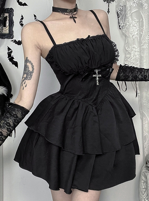 Sexy Dark Style Black Lace Splicing Bowknot Metal Cross Decoration Gothic Style Suspender Dress