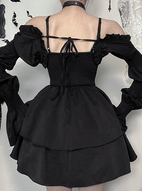 Sexy Dark Style Black Lace Splicing Bowknot Metal Cross Decoration Gothic Style Suspender Dress