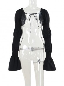 Dark Retro Style Black Ruffled Edge Embellished Gothic Style Bubble Long Sleeves Shawl
