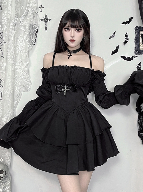 Dark Retro Style Black Ruffled Edge Embellished Gothic Style Bubble Long Sleeves Shawl