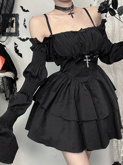 Dark Retro Style Black Ruffled Edge Embellished Gothic Style Bubble Long Sleeves Shawl