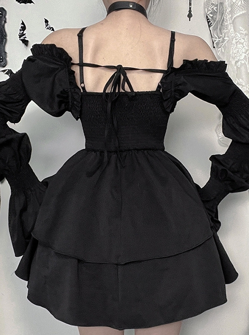 Dark Retro Style Black Ruffled Edge Embellished Gothic Style Bubble Long Sleeves Shawl