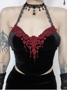 Elegant Sexy Black Velvet Red Embroidered Roses Decorated Gothic Style Suspender Halter Neck Top