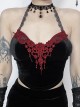 Elegant Sexy Black Velvet Red Embroidered Roses Decorated Gothic Style Suspender Halter Neck Top