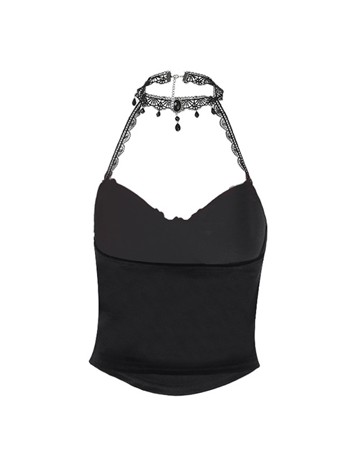 Elegant Sexy Black Velvet Red Embroidered Roses Decorated Gothic Style Suspender Halter Neck Top
