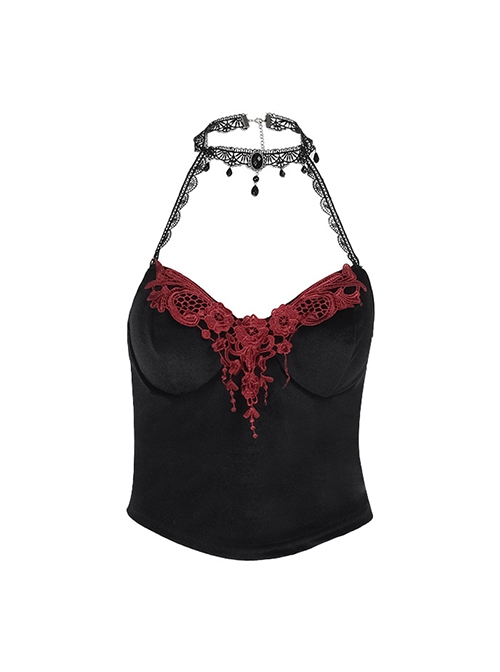 Elegant Sexy Black Velvet Red Embroidered Roses Decorated Gothic Style Suspender Halter Neck Top