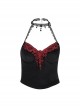 Elegant Sexy Black Velvet Red Embroidered Roses Decorated Gothic Style Suspender Halter Neck Top