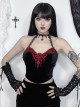 Elegant Sexy Black Velvet Red Embroidered Roses Decorated Gothic Style Suspender Halter Neck Top