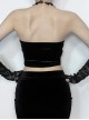 Elegant Sexy Black Velvet Red Embroidered Roses Decorated Gothic Style Suspender Halter Neck Top