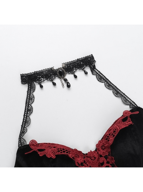 Elegant Sexy Black Velvet Red Embroidered Roses Decorated Gothic Style Suspender Halter Neck Top